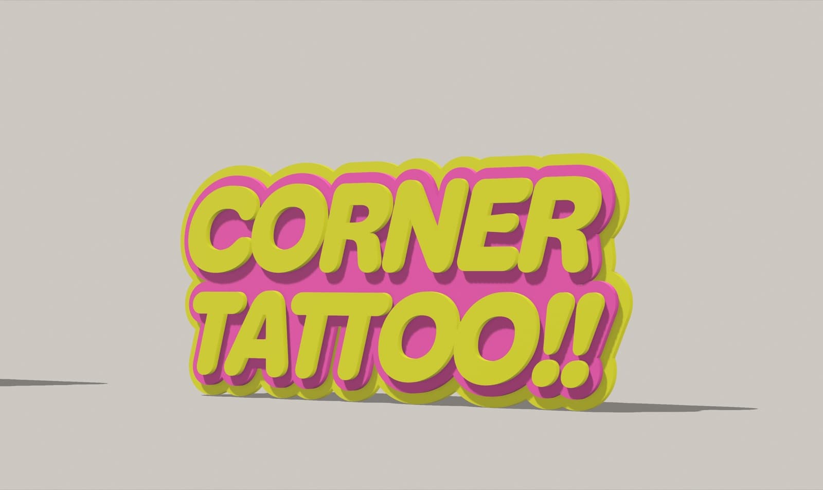 Render znaku CORNER TATTOO!! w widoku 3/4 z cieniem na podłodze