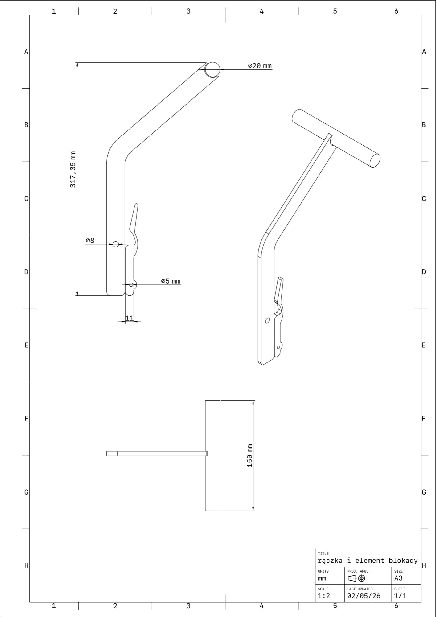 Rączka i element blokady: drążek ø20 mm, zasięg 317 mm, sworznie ø5 i ø8.