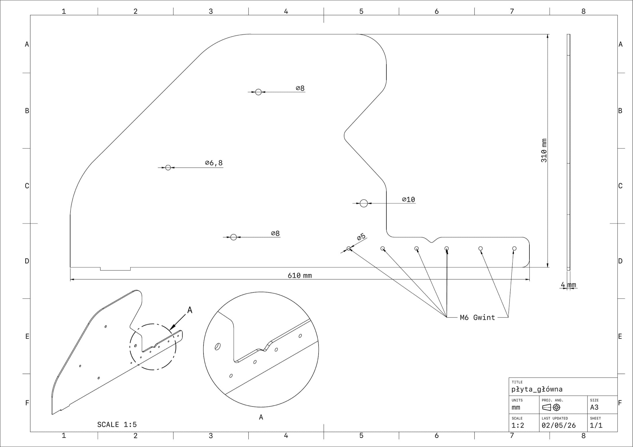 Płyta główna 610 x 310 mm, blacha 4 mm: gwinty M6, otwory ø5 do ø10, przekrój i widok izometryczny.