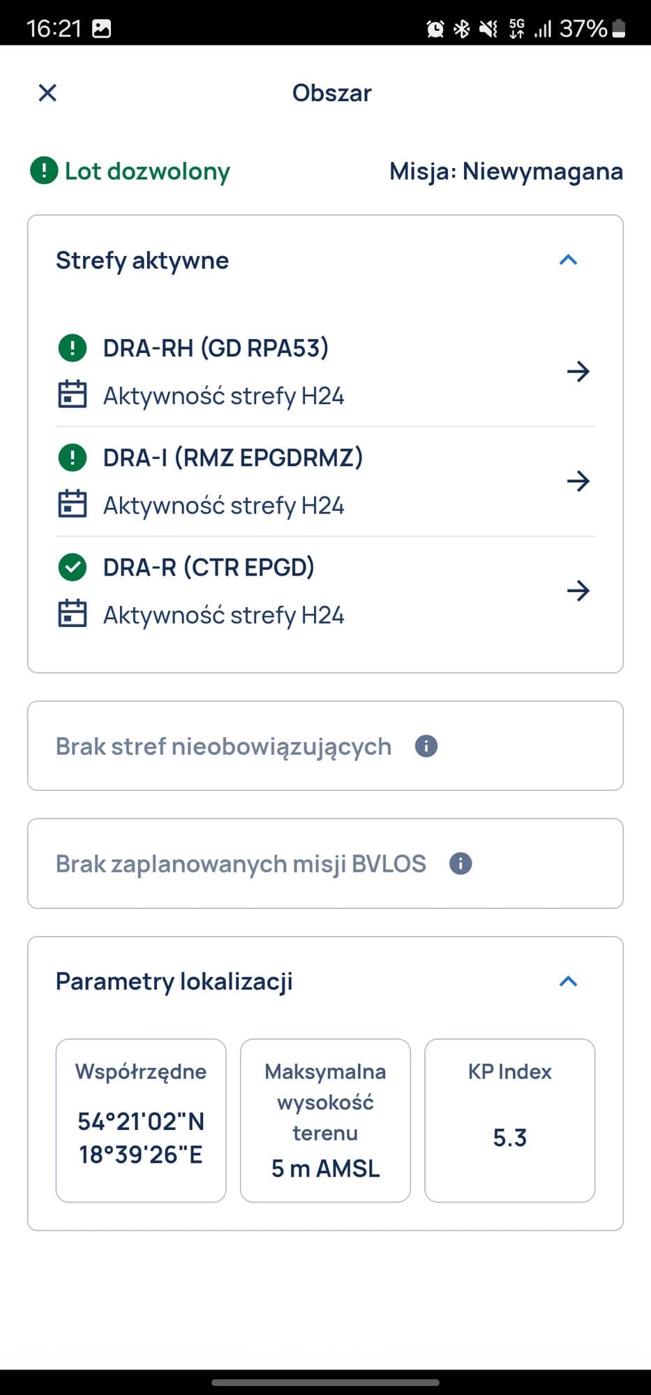 DroneTower przed startem: lot dozwolony, strefy lotniska Gdańsk (CTR EPGD) i dwie strefy DRA, 54°21′02″ N 18°39′26″ E.