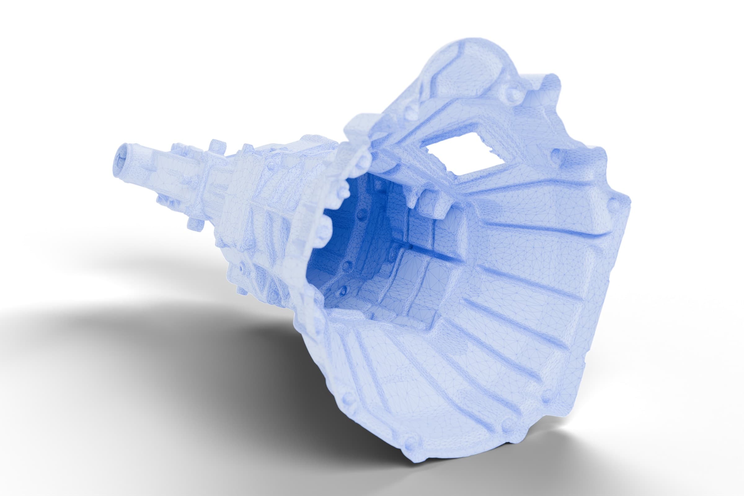 Stage 1, scan: the triangle mesh of the whole case. Cross-sections and a depth map give the bellhousing bore (about ⌀330), its axis, the mating plane and the 8 bolt holes.