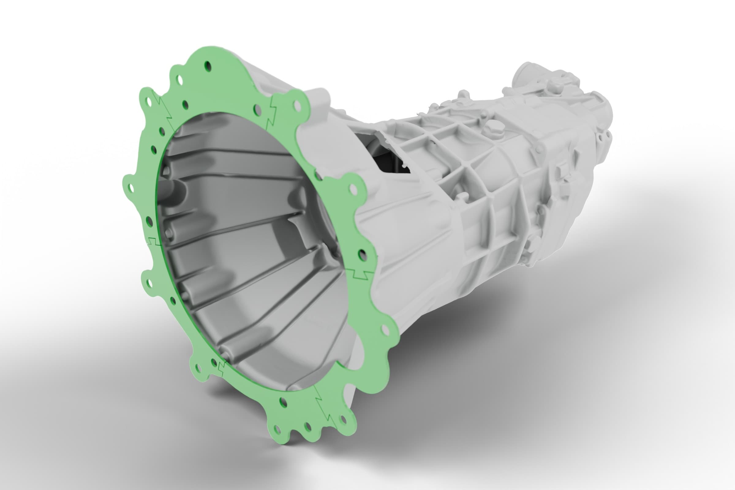 Render from the CAD model and the scan (Blender). The 3 mm PLA template, glued from 6 segments, against the bellhousing: just the outline and the holes of both patterns. A few minutes show whether everything lines up.