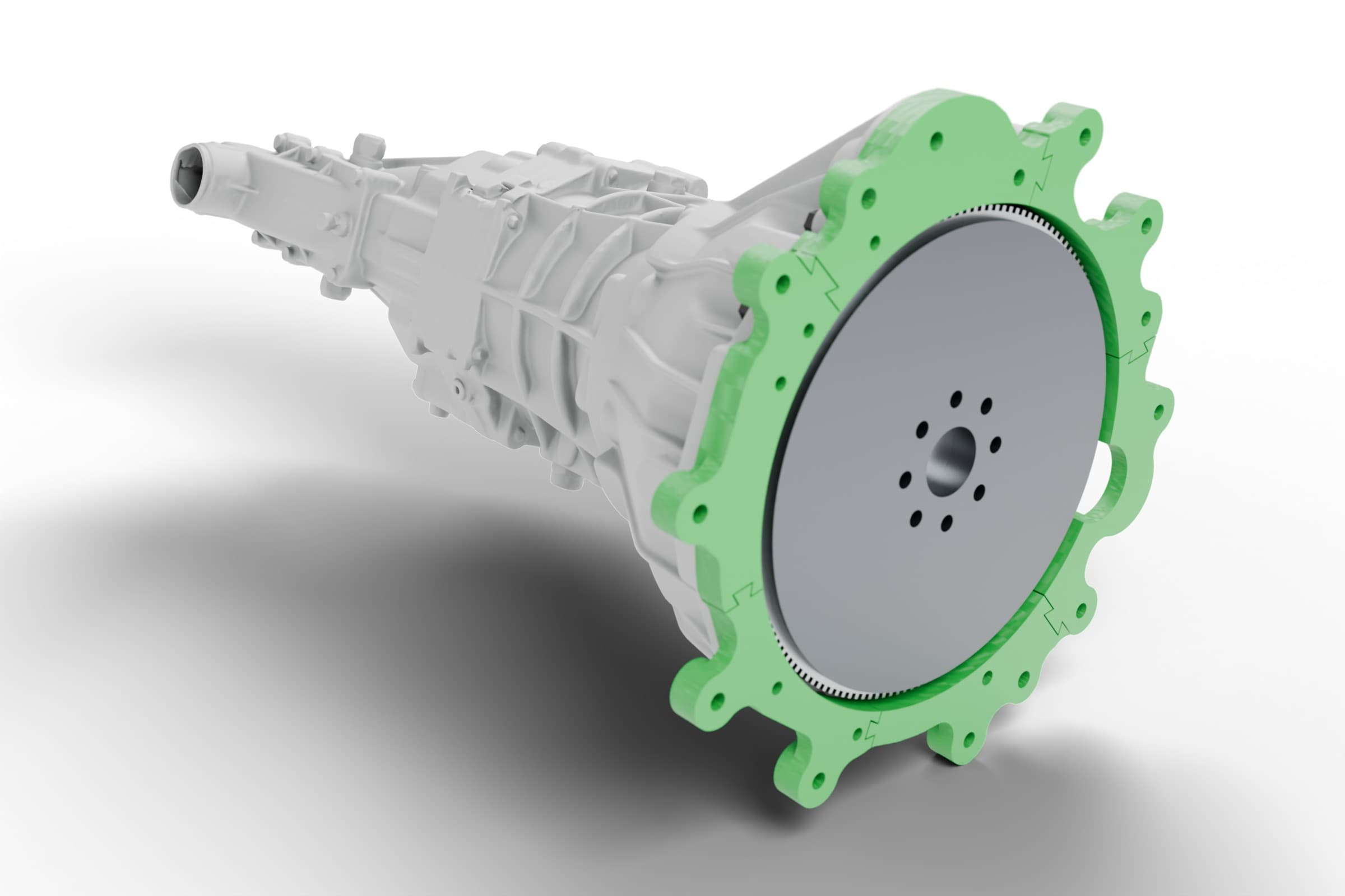 Render from the CAD model and the scan (Blender). Full-geometry trial fit, with the glue lines and joints between segments visible: flywheel and ring gear clearance, the starter pinion cut-out, spanner access to the bolts.