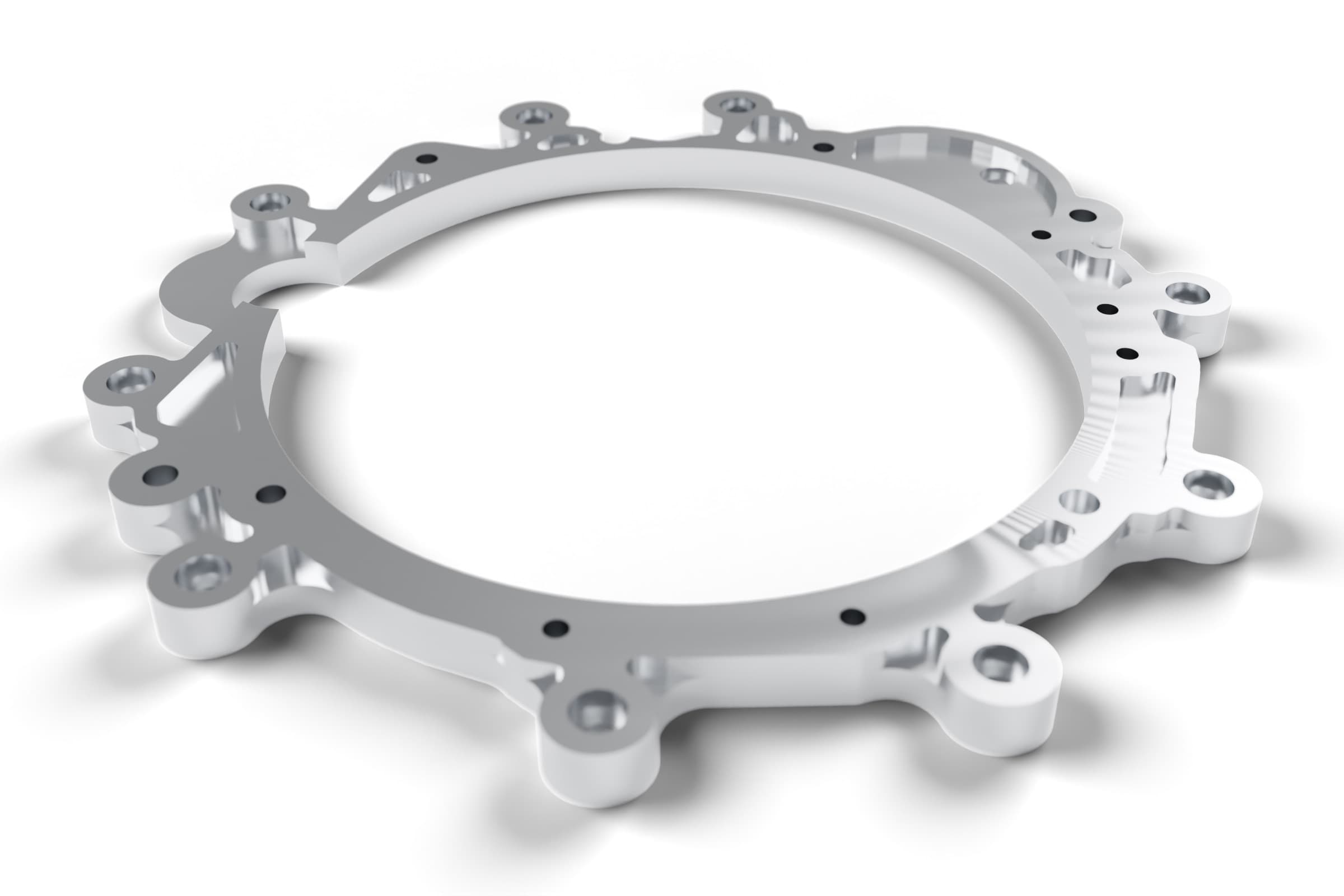 Render from the CAD model and the scan (Blender). The machined plate, bellhousing side: a 20 mm contact band following the scanned flange outline, a 12 mm ledge, counterbored towers, ribs and lightening pockets. 2.2 kg.