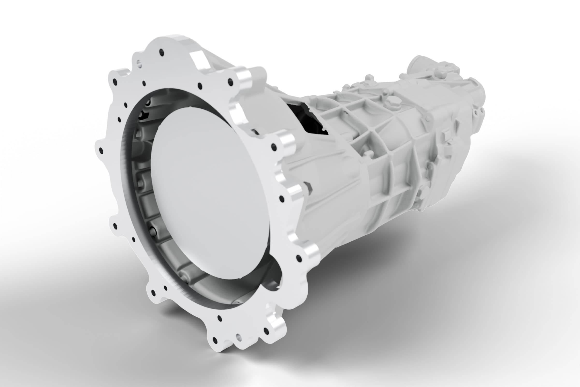 Render from the CAD model and the scan (Blender). Stage 4, assembly: aluminium where the plastic was. The engine side is a flat face against the block.