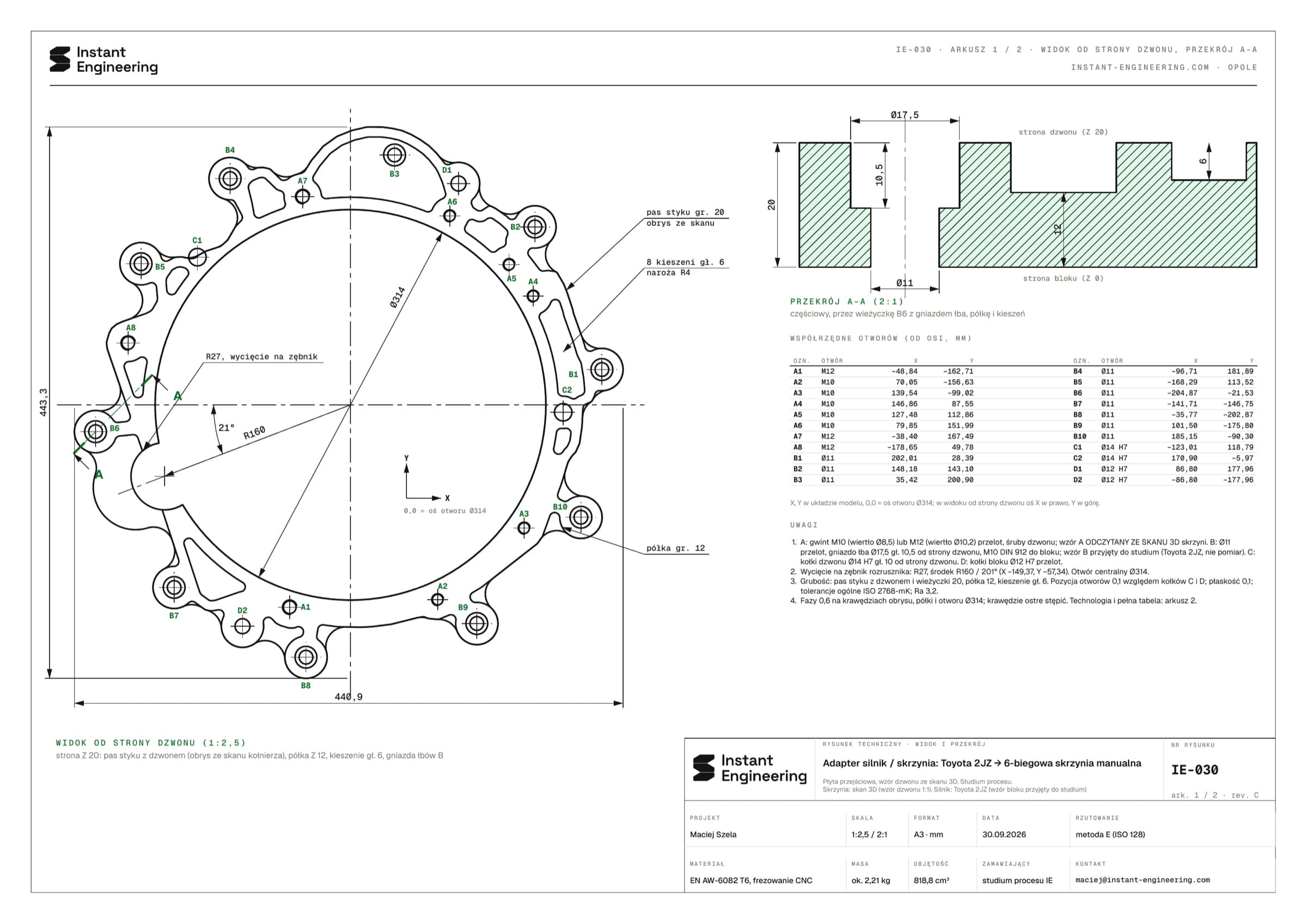 Sheet 1 of drawing IE-030: the bellhousing side with hole labels and sections through a tower and a pocket.