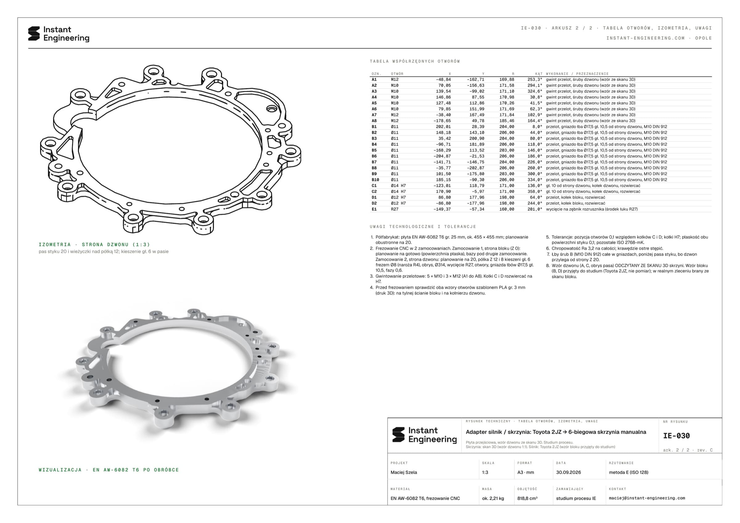 Sheet 2: the hole coordinate table, an isometric view and machining notes, including checking both patterns with the PLA template before machining.