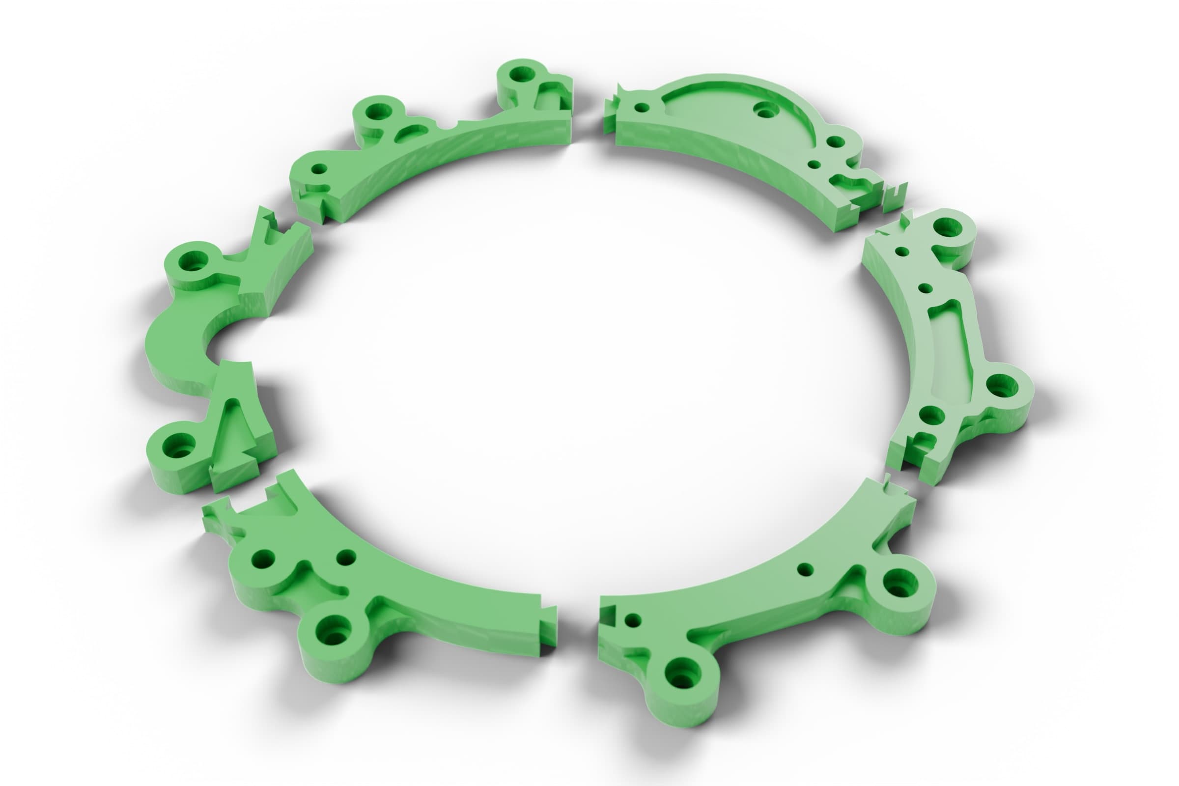 Render from the CAD model (Blender). The prototype straight off the printer: 6 PLA segments with dovetail joints, each under 21 cm so it fits an ordinary FDM printer bed. Once glued it is used for the trial fit only.