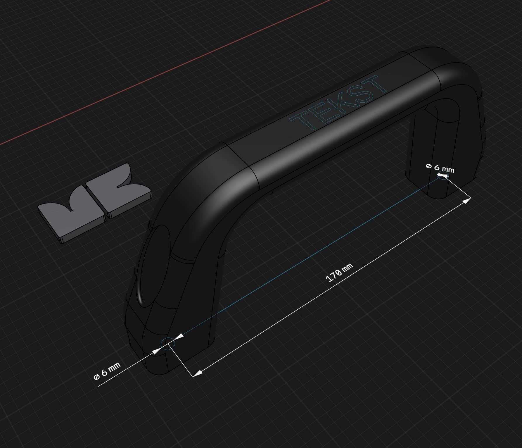 Model CAD rączki 170 mm: rozstaw otworów 170 mm i otwory ⌀6 pod śruby M6.