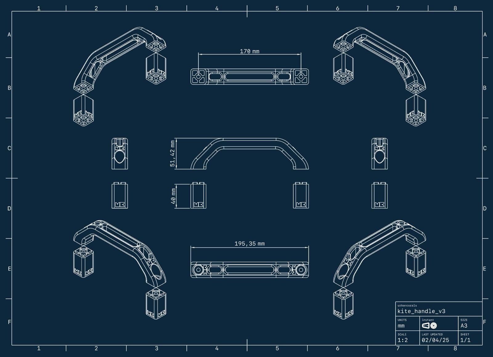 Rysunek techniczny rączki z podkładkami w rzutach i izometriach, arkusz kite_handle_v3.