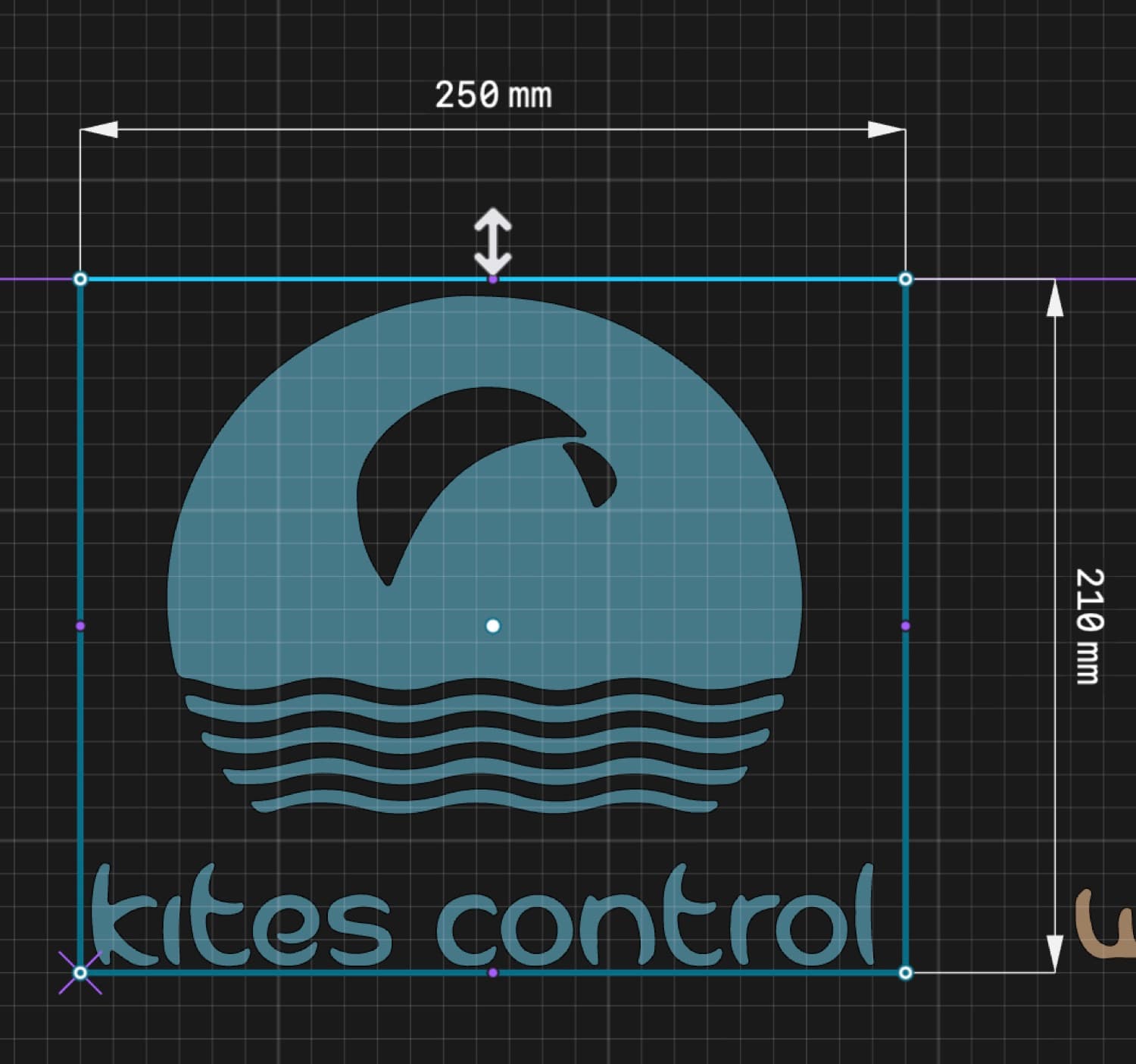 Szkic CAD logo kites control z gabarytami 250 x 210 mm