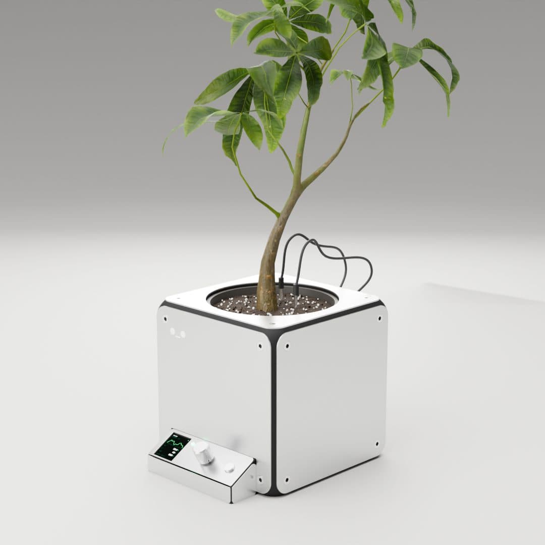 Render z modelu CAD (Blender). T1N-POT z rośliną i elektrodami: korpus w blachach aluminiowych, skośny pulpit z ekranem i gałką.