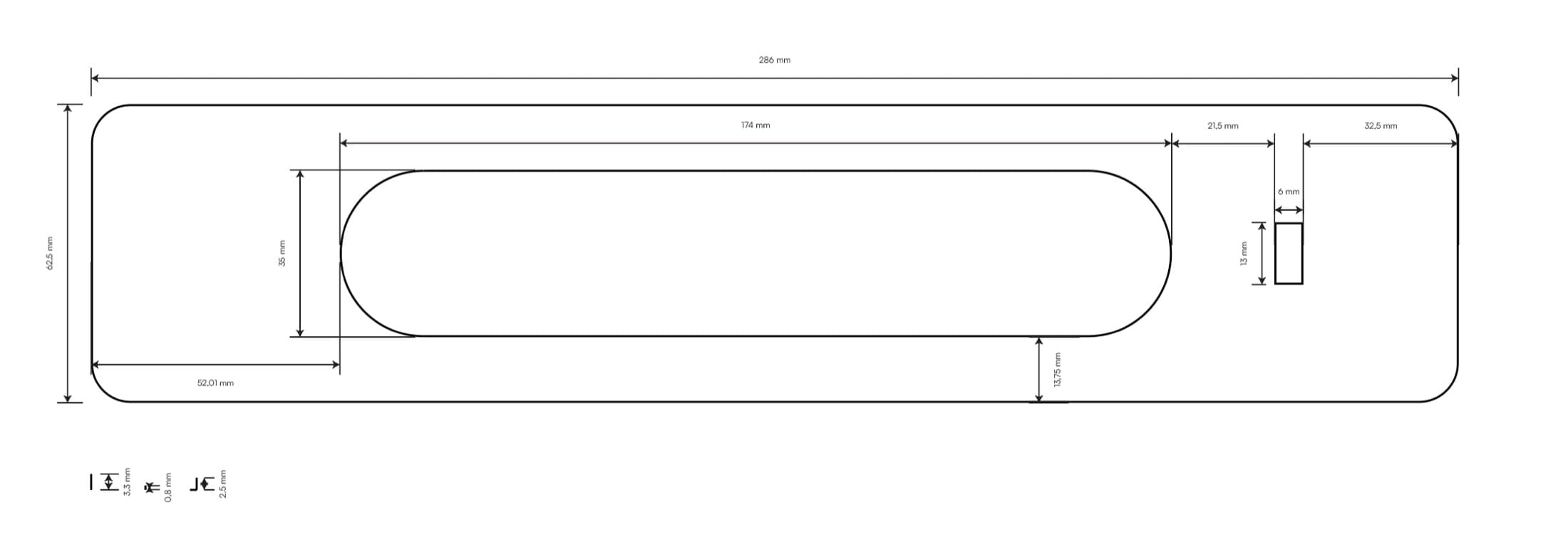 Rysunek wymiarowy: 286 x 62,5 x 3,3 mm, okno świetlne i port 6 x 13 mm.