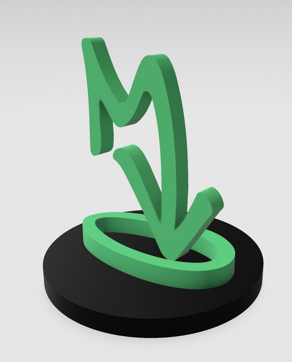 A sketch of the logo as a solid on a base, October 2024: checking how the M with the arrow reads in 3D.