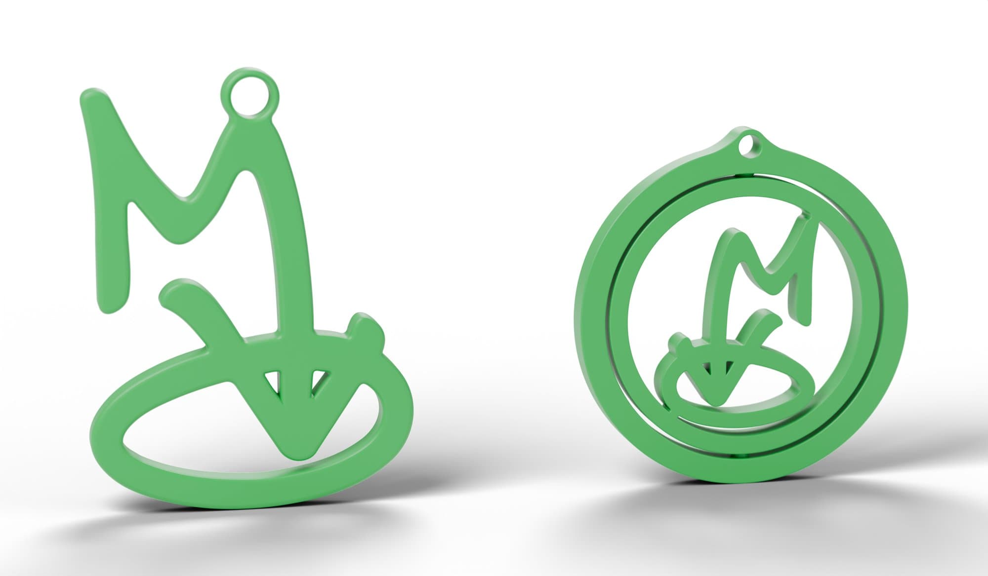 Render from the CAD models (Blender). Left, v3: the open logo as a flat 40.7 x 55.5 mm tag. Right, v11: the logo in a spinning disc.