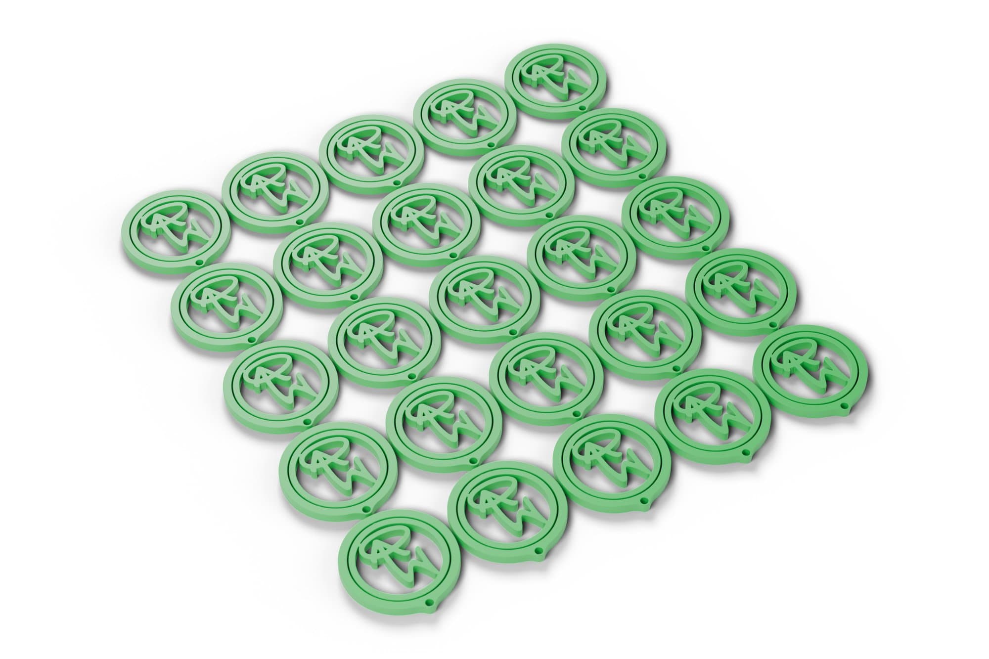 Render from the production file (Blender). A plate of 25 keychains lying flat, no supports, spaced as in the production file.