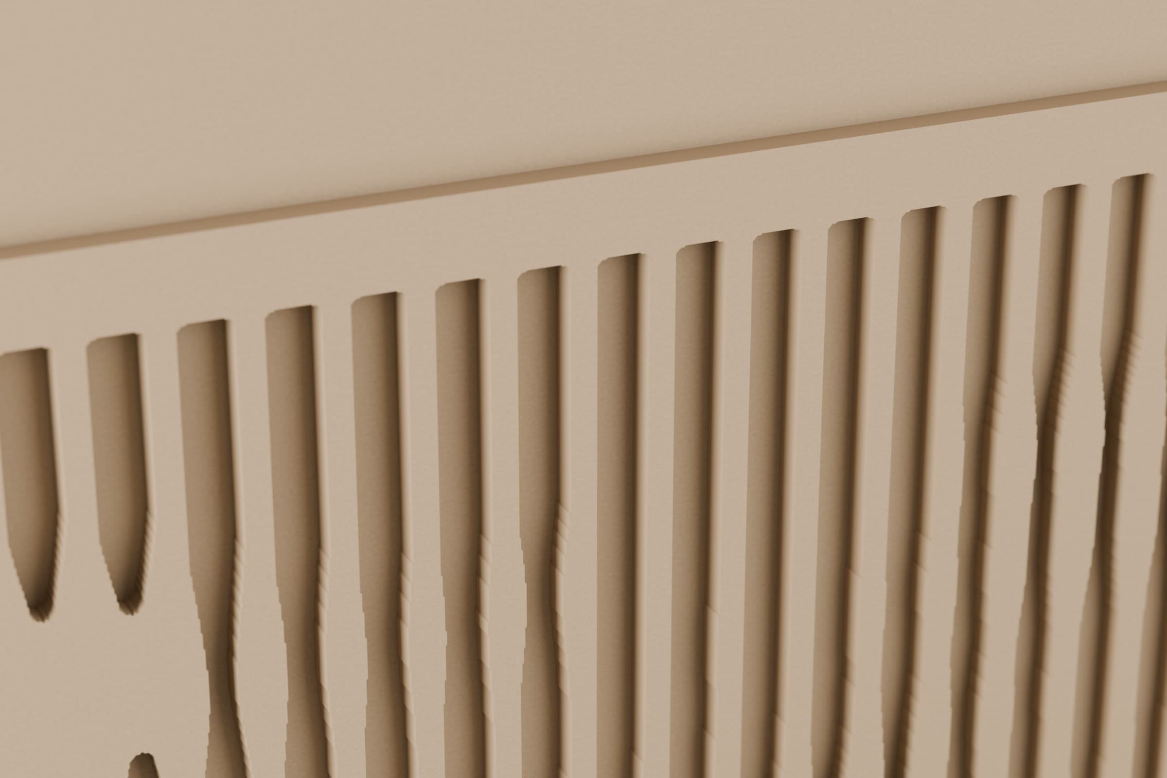 Render z modelu 3D (Blender). Odbicie w Odrze z bliska: rowki o zmiennej szerokości, okrągłe końce po frezie Ø6.