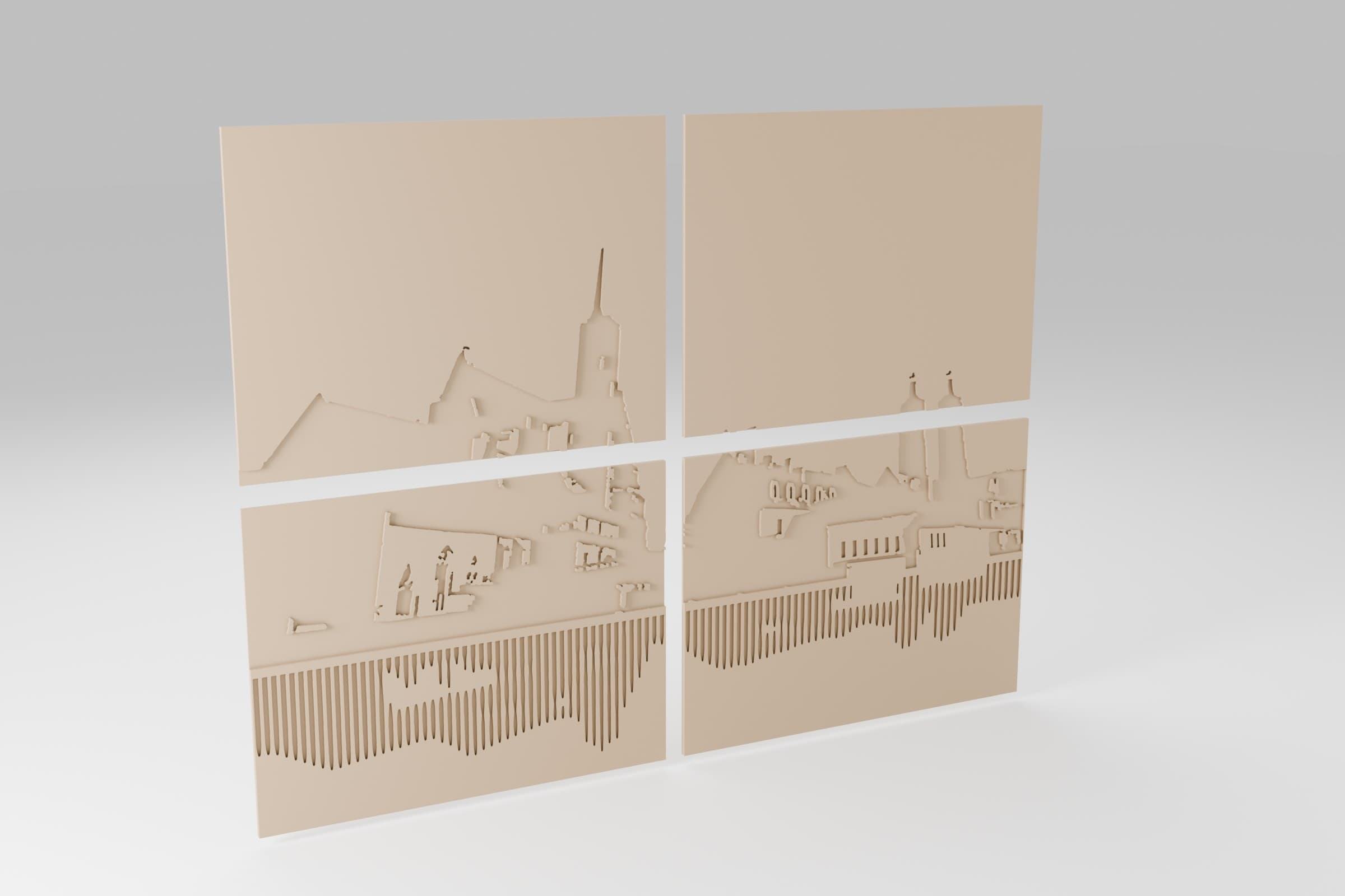 Render z modelu 3D (Blender). Cztery panele MDF po frezowaniu, przed wklejeniem mchu.