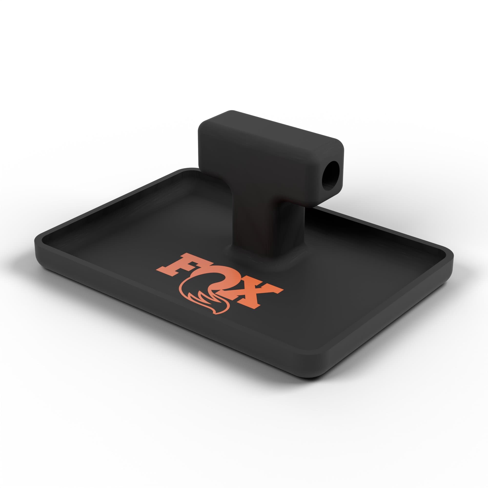 Render from the CAD model: the FOX service block in a 3/4 view, PETG-CF body, logo in orange PETG.