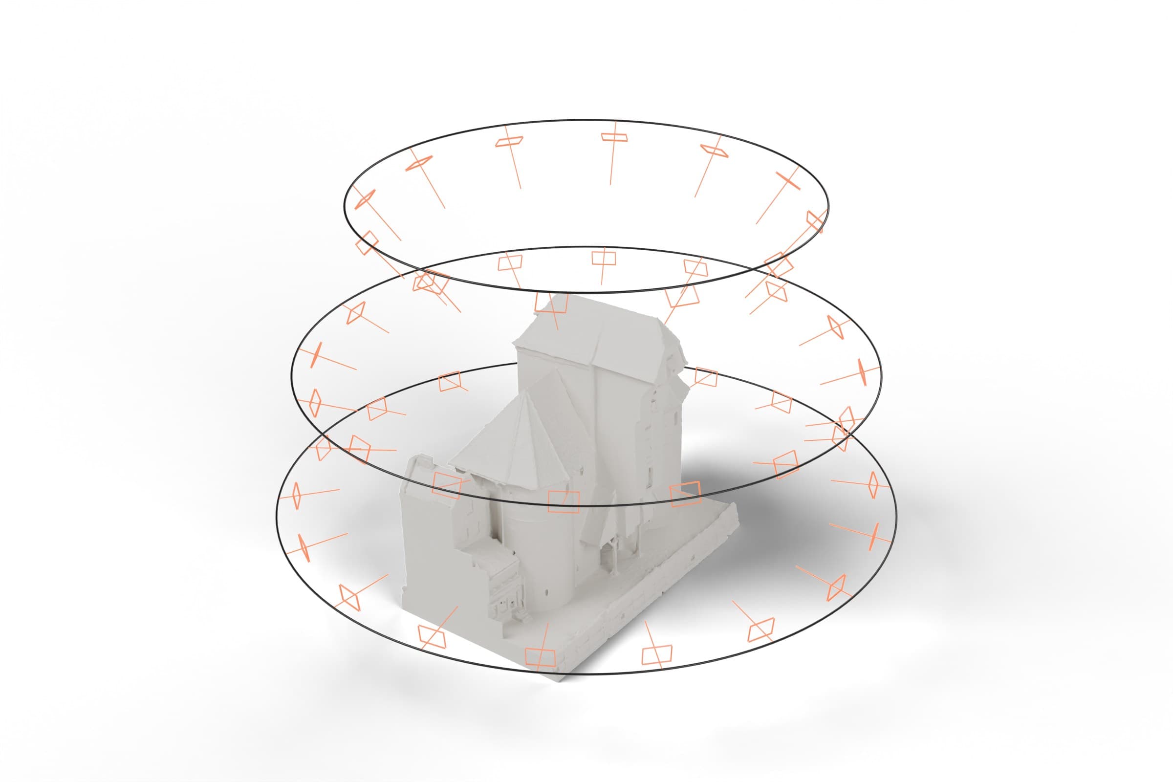 Render z modelu 3D (Blender). Makieta z pliku do druku i schemat nalotu: dron okrąża budynek na trzech wysokościach, każde zdjęcie patrzy na budynek z innej strony. Trasa poglądowa, nie zapis lotu.