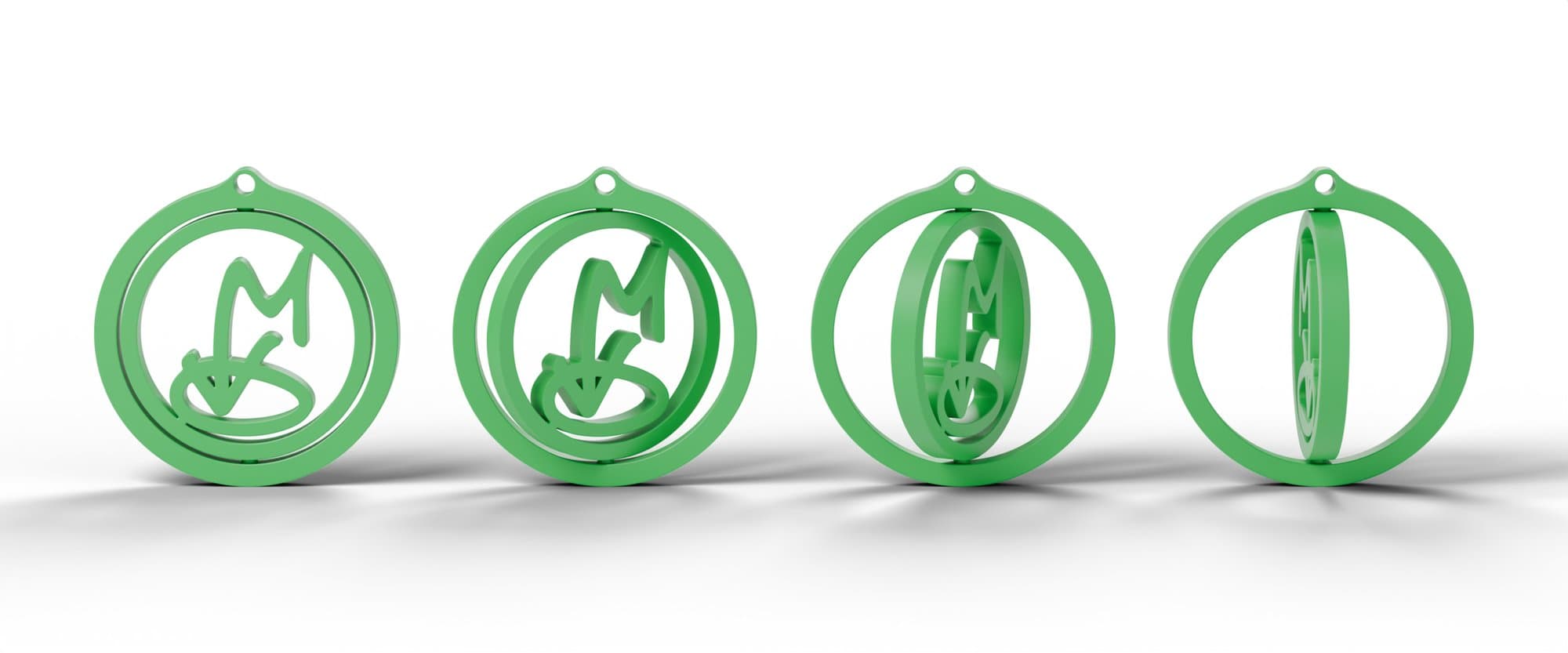 Render from the CAD model (Blender). The same keychain with the disc at four positions: 0°, 30°, 60° and 90°.