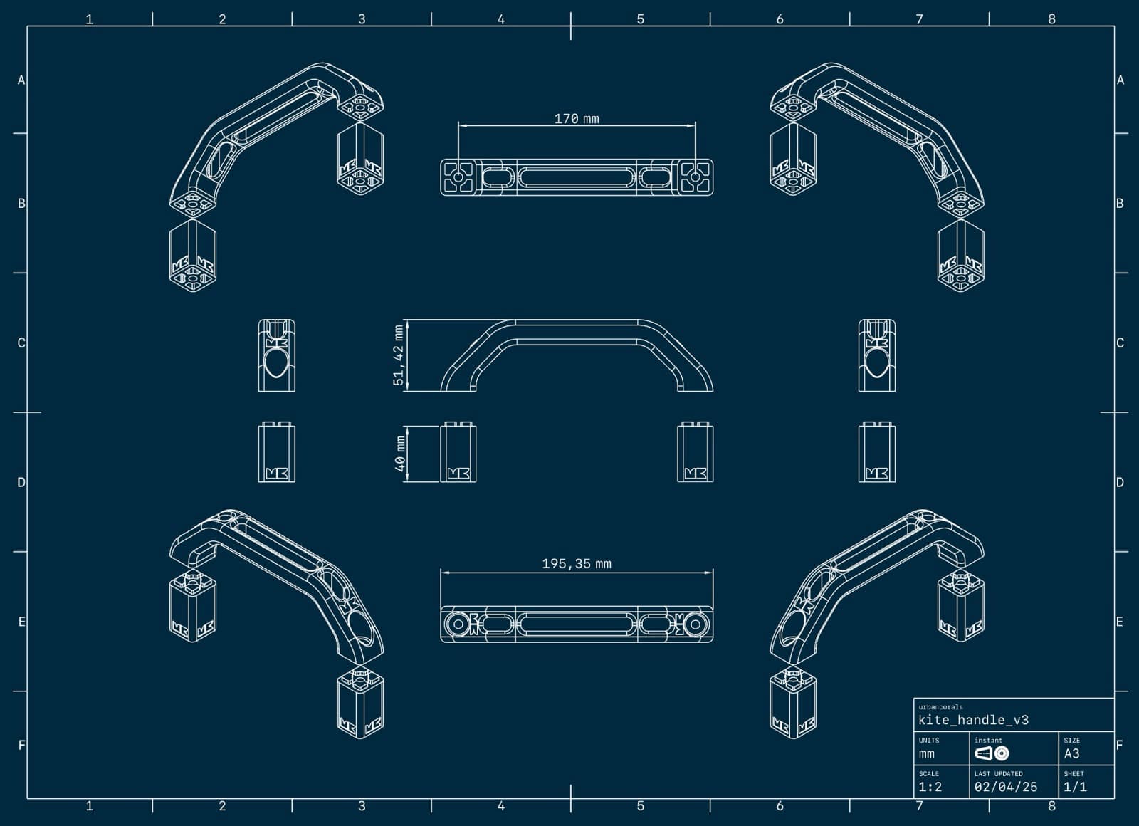 Rysunek techniczny CAD uchwytu w wielu rzutach z wymiarami, arkusz kite_handle_v3.