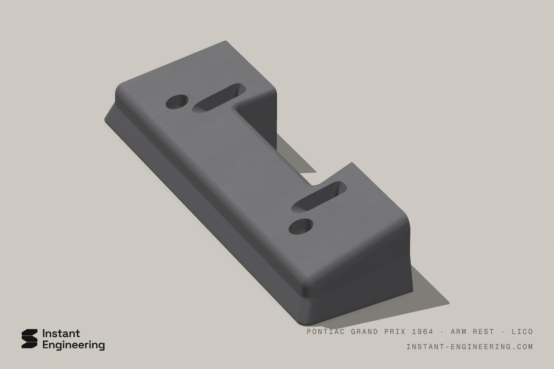 Visualisation of the rebuilt armrest from the face side: two screw bosses and two angled-thread pockets.